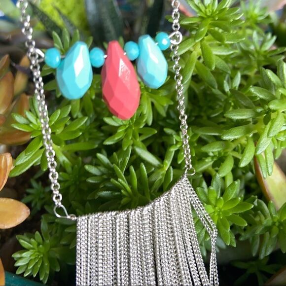 Chico’s Silver Coral & Turquoise Beading StatementNecklace - Picture 1 of 6
